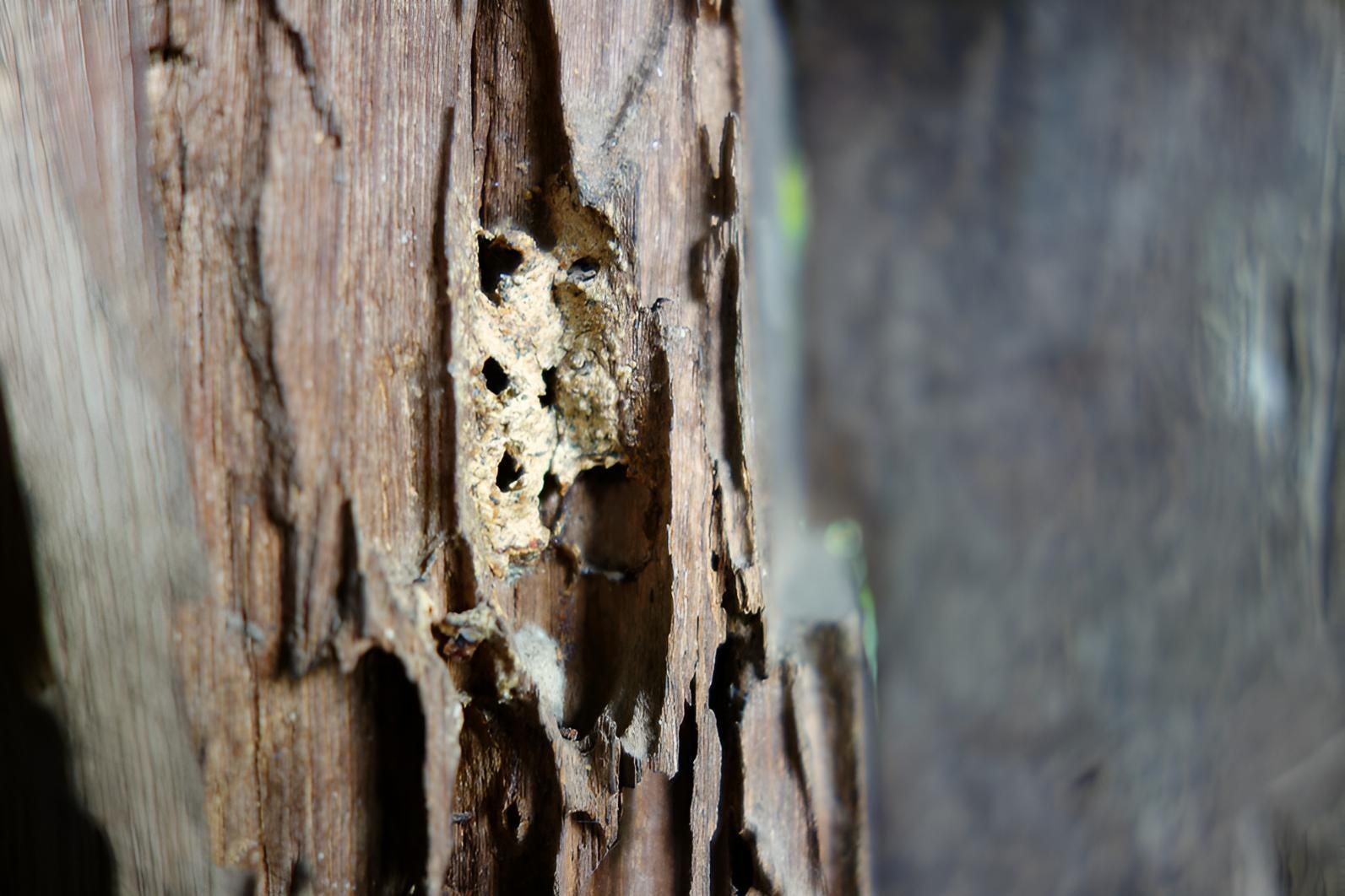 Close Up of a Piece of Wood With Holes in It — Shark Pest Control in Noosa, QLD