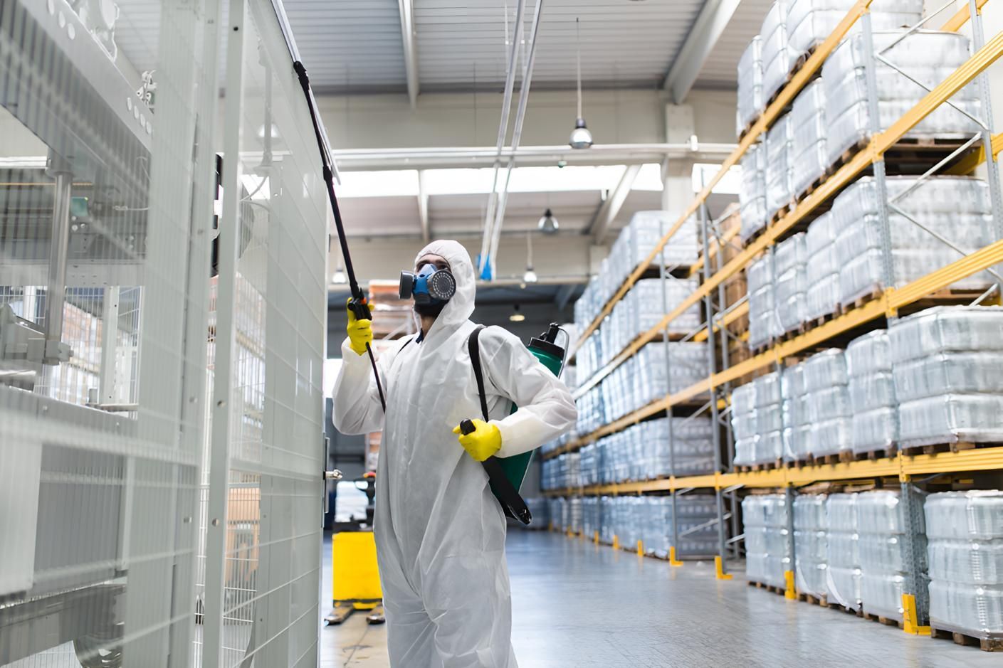 Man in a Protective Suit is Spraying a Warehouse — Shark Pest Control in Nambour, QLD