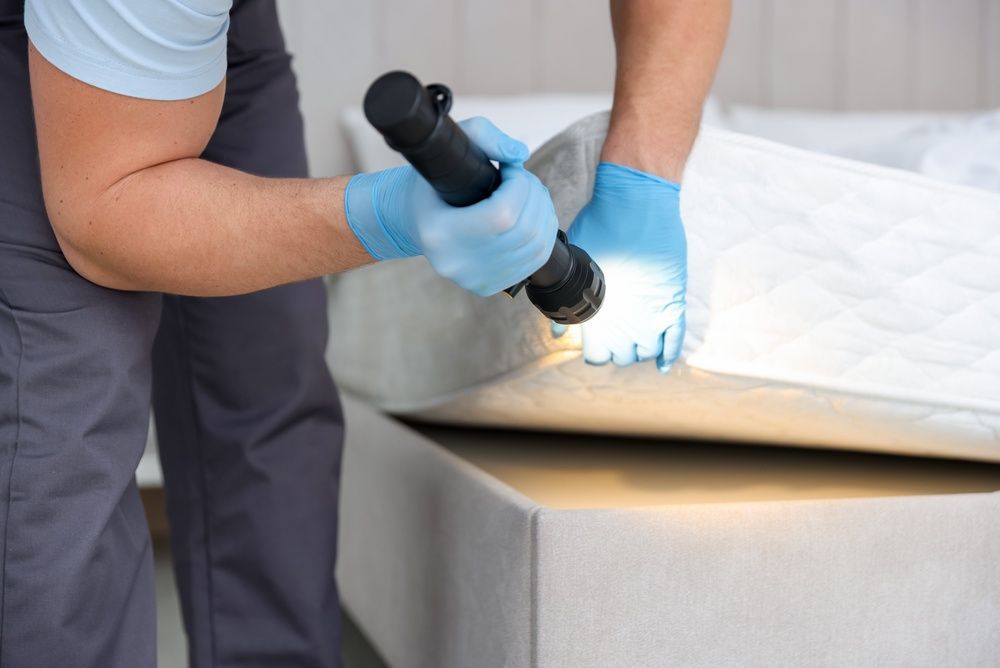 Technician inspecting a Mattress Seam with A Flashlight and Gloved Hands on A Bed Frame — Shark Pest Control in Peregian Beach, QLD