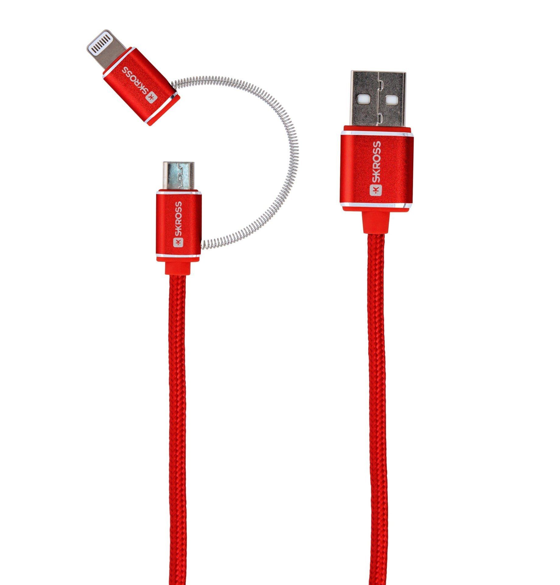 A red usb cable with a lightning connector and a micro usb connector