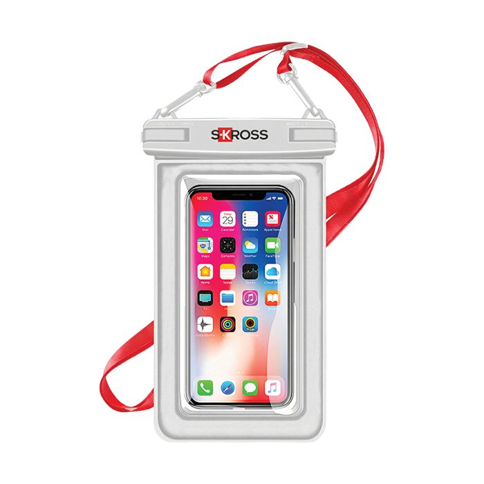 Waterproof phone pouch with red strap and a smartphone inside on a white background