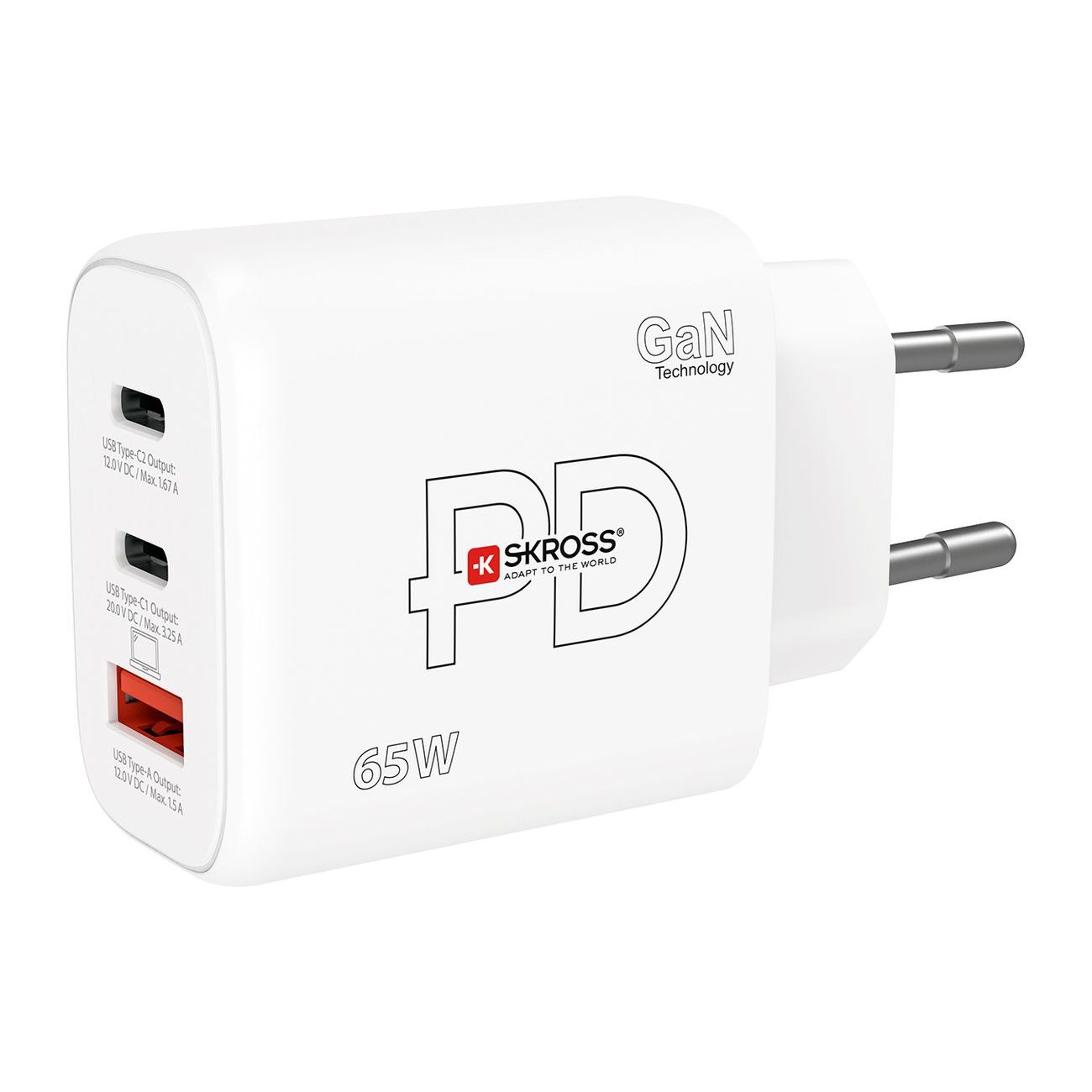 Skross 65W GaN power delivery USB charger EU with 1x USB and 2x USB-C