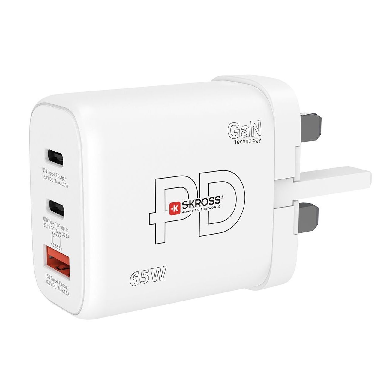 Skross 65W GaN power delivery USB charger UK with 1x USB and 2x USB-C