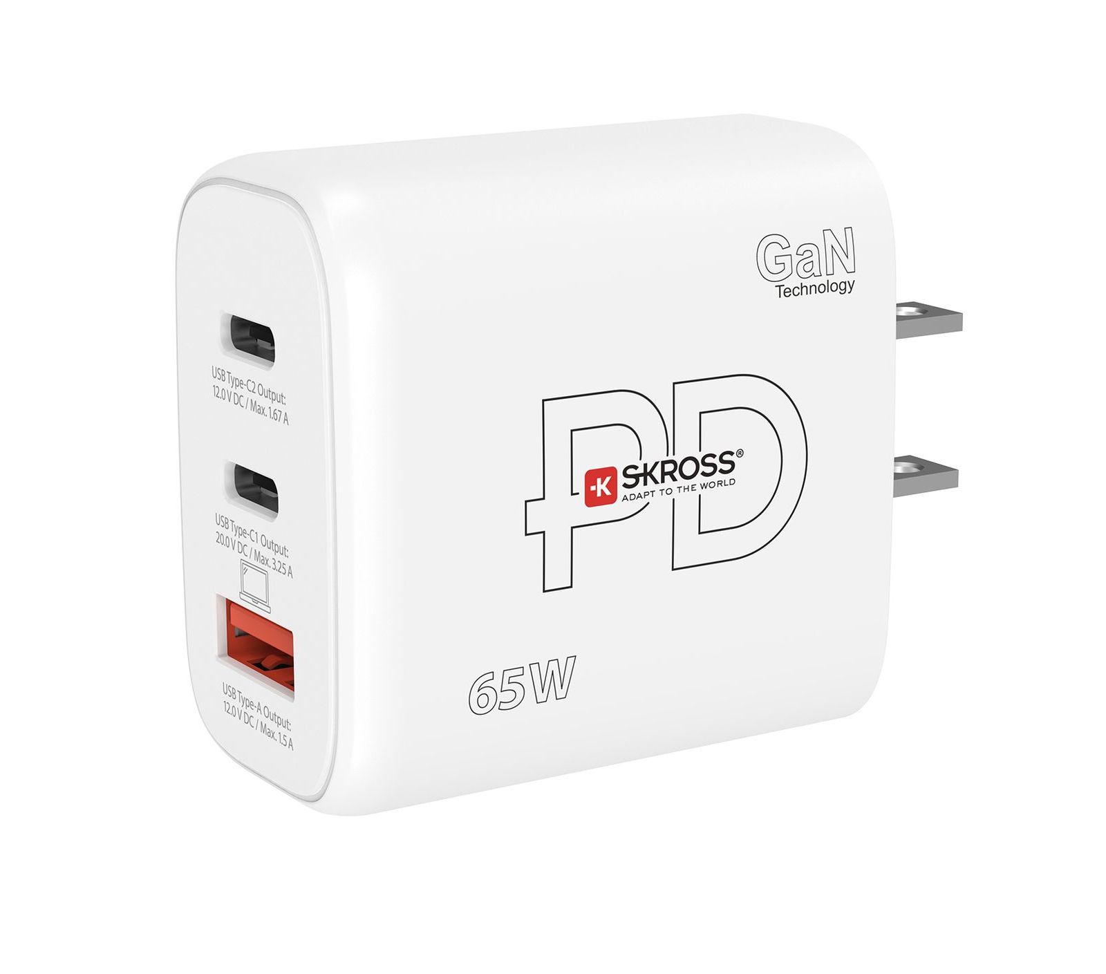 Skross 65W GaN power delivery USB charger US with 1x USB and 2x USB-C