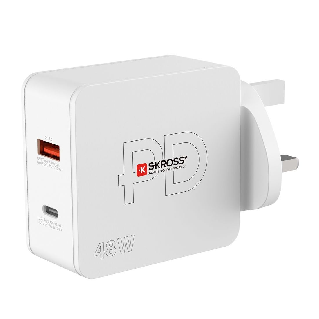 A white pd charger with two ports is sitting on a white surface.
