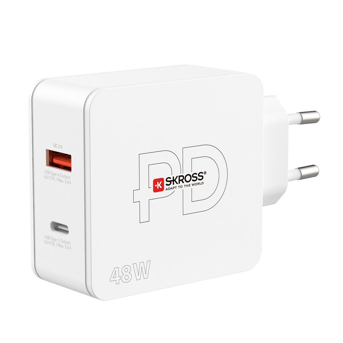 A white pd charger is plugged into a wall.