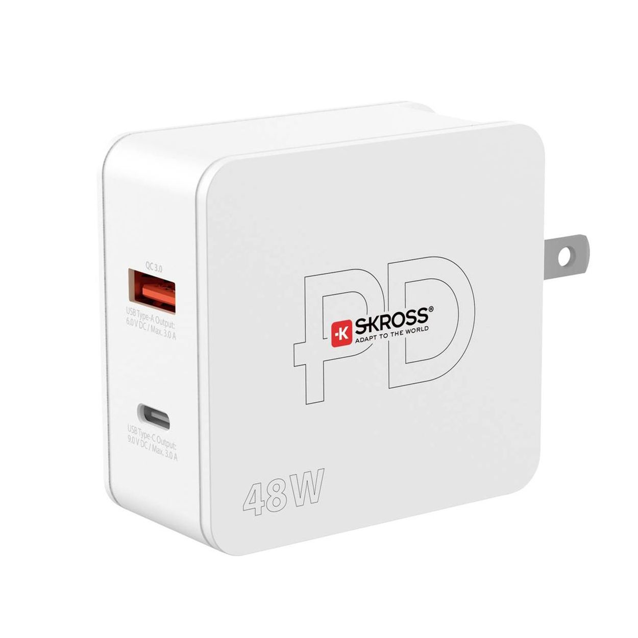 A white pd charger with a usb c port and a usb a port.