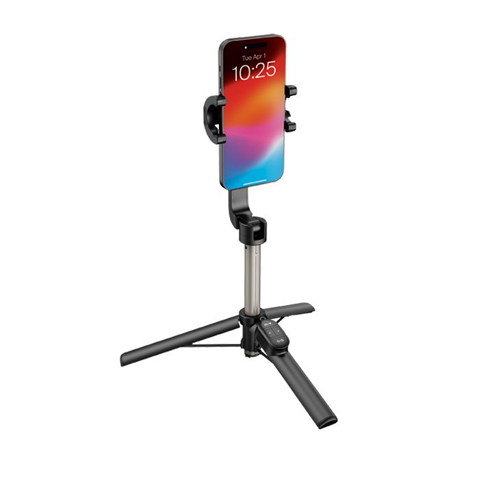 Smartphone mounted on a black tripod stand with adjustable clamp.