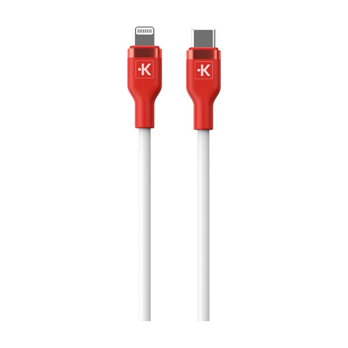 Red USB charging cable with Lightning and USB-C connectors on a white background