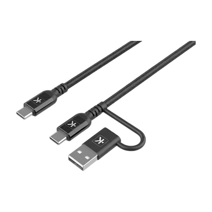 Two black USB-C charging cables, one with a detachable USB-A adapter and short tether loop