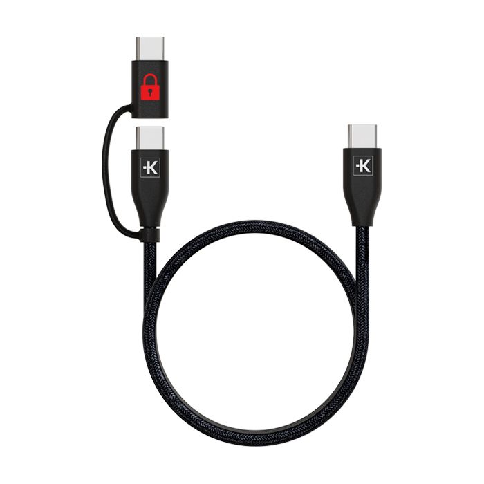 Black USB-C charging cable with magnetic connector and red lock icon on a white background