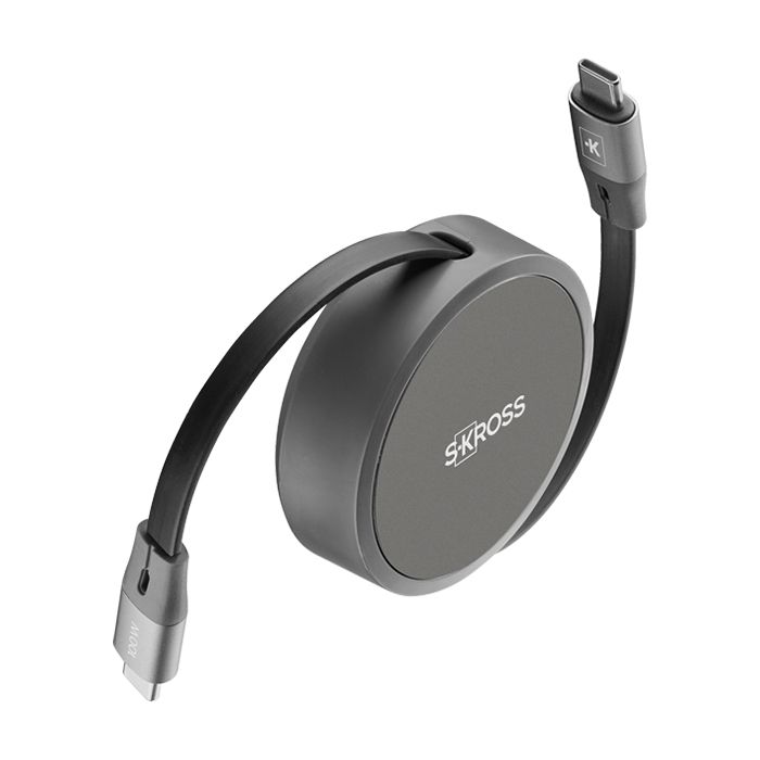 Black round retractable USB-C cable with silver connectors and SSKOSS logo