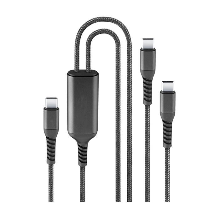 Braided black USB charging cable with multiple connector ends and a central split module