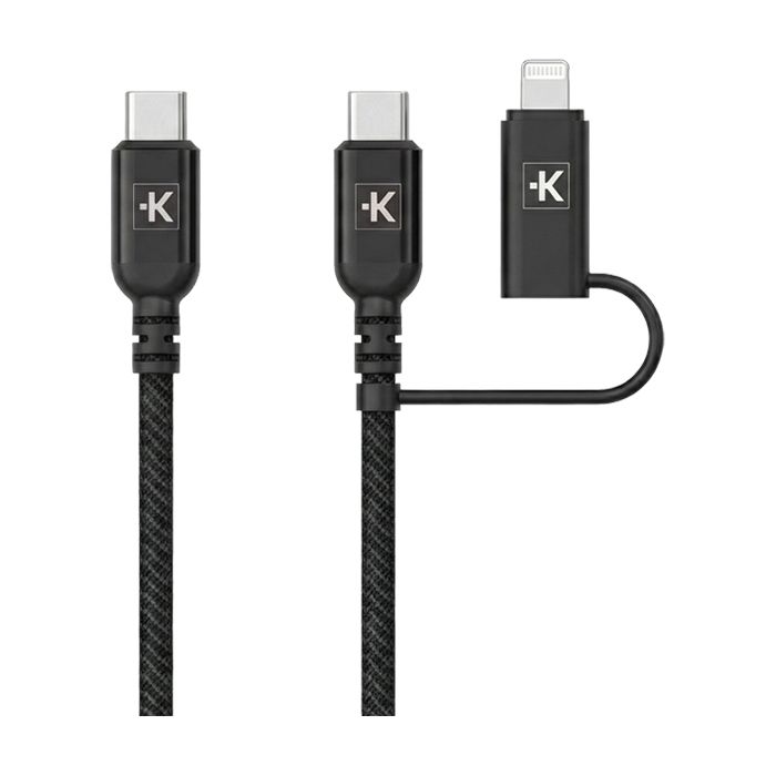 Black USB-C charging cable with braided cord and a small adapter shown in front and side views