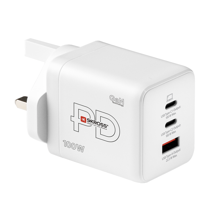 100W UK USB Charger in white with three USB Sockets