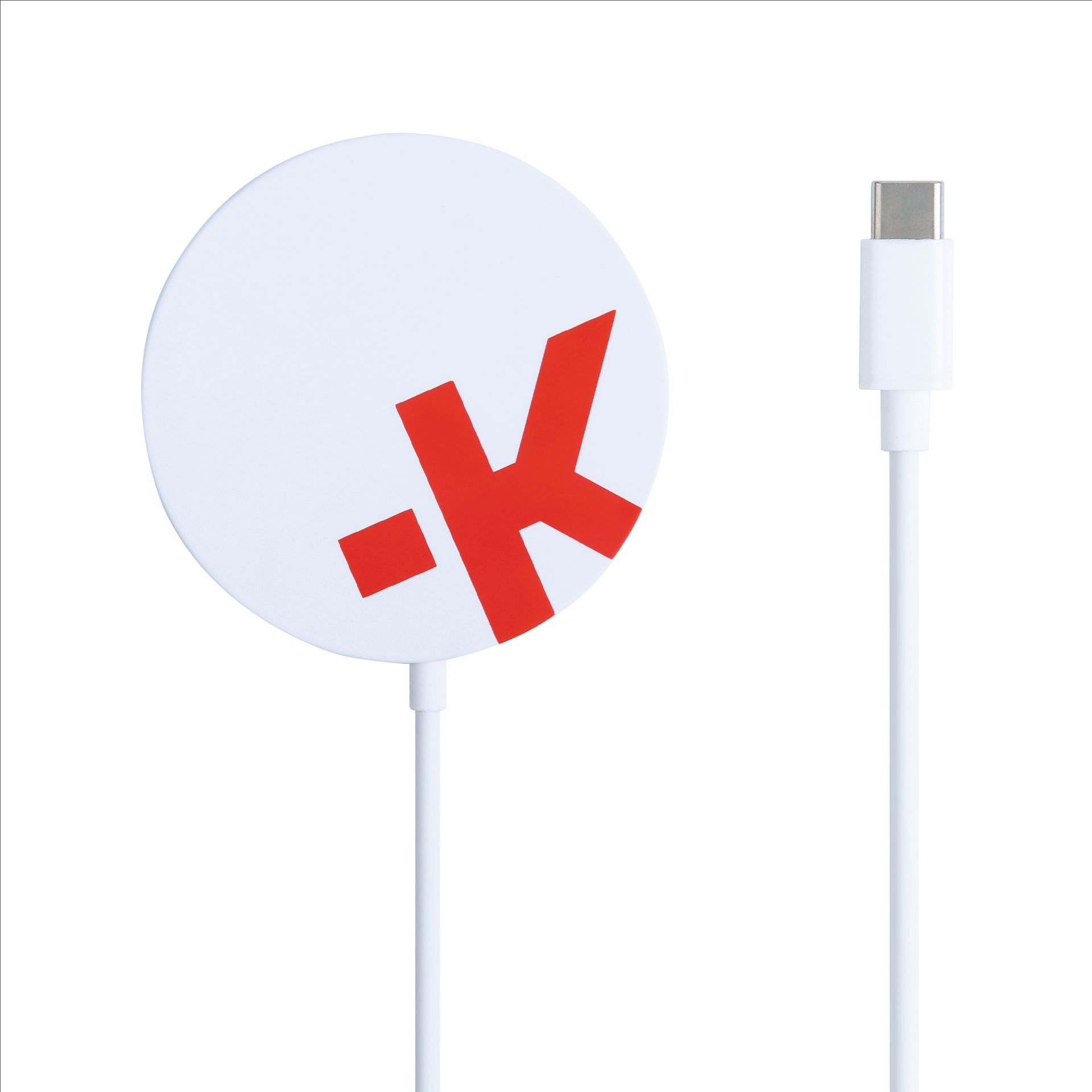 A white charger with a red k on it and a white cable.