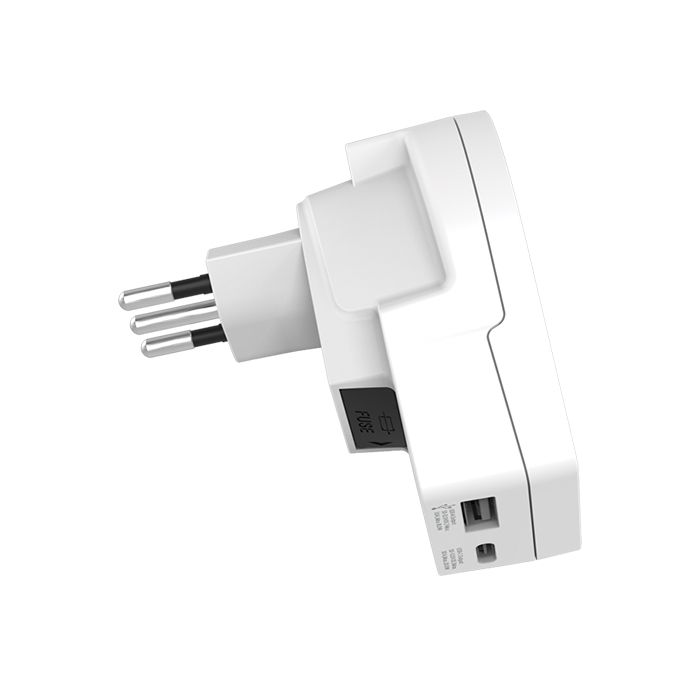 White plug-in power adapter with exposed prongs and USB ports, shown on a white background