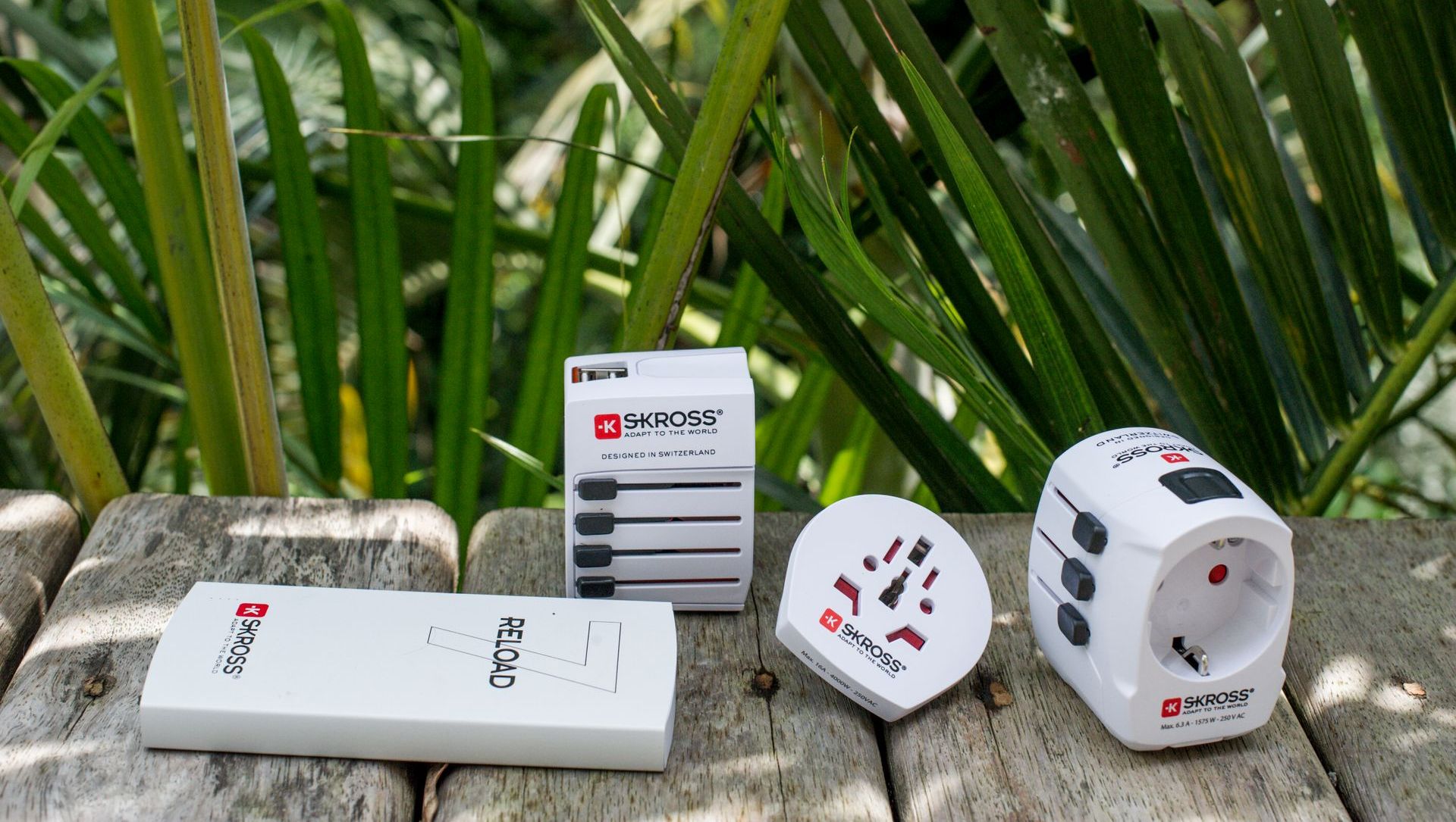 A group of objects are sitting on a wooden table in front of a palm tree.