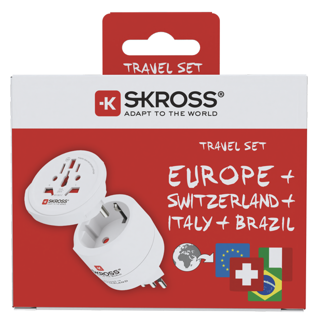 Skross 3-Pole Combo World to Switzerland + Italy + Brazil Travel Adapter Packaging