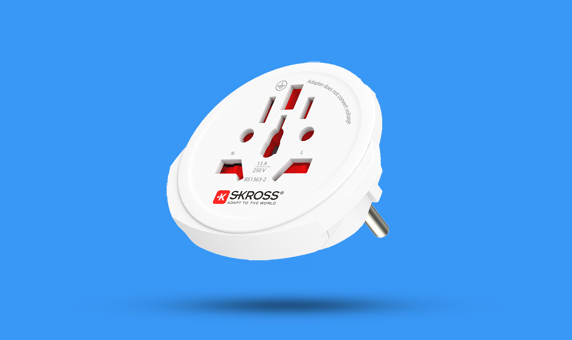A white plug adaptor is floating in the air on a blue background.