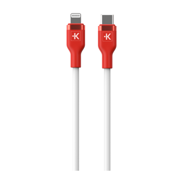Two red USB charging cables with white cords, one Lightning and one USB-C connector.