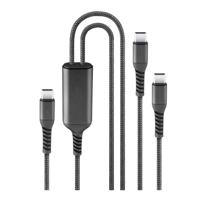 Braided USB-C charging cable with black adapter and three connector ends on white background