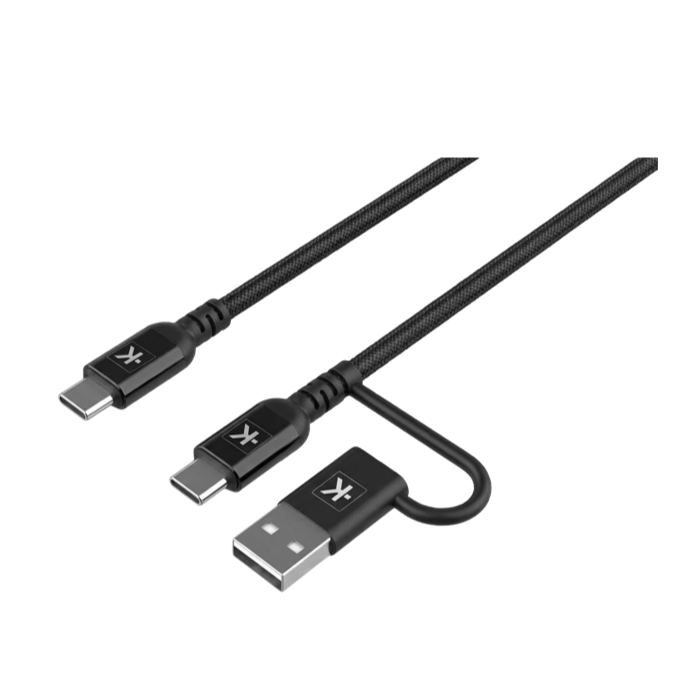 Black USB charging cable with USB-A and two USB-C connectors on a white background