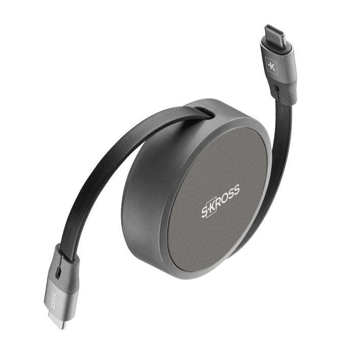 Black retractable USB-C cable reel with two attached connectors on a white background