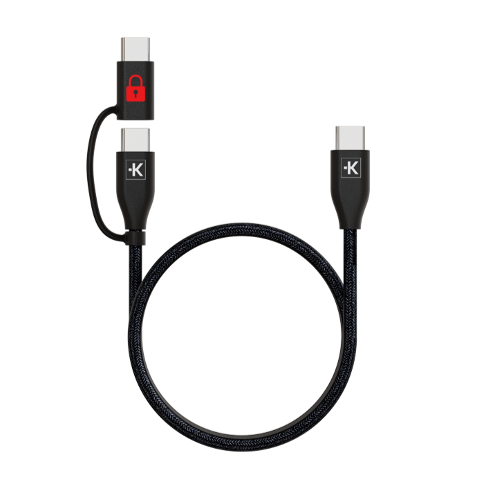 Black braided USB-C cable with one locked connector end on a white background