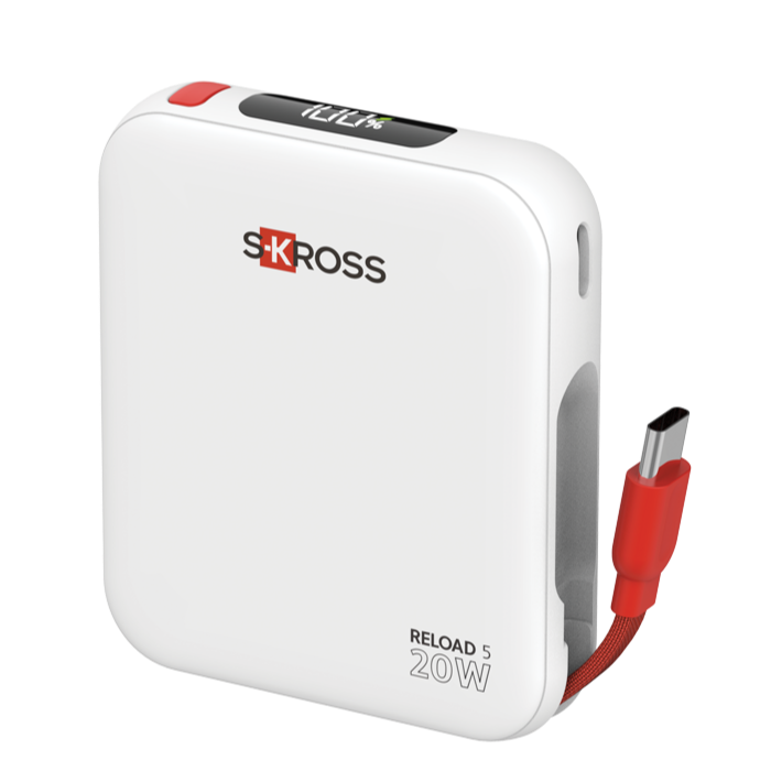 White and red S-KROSS 200W power adapter with USB-C cable attached