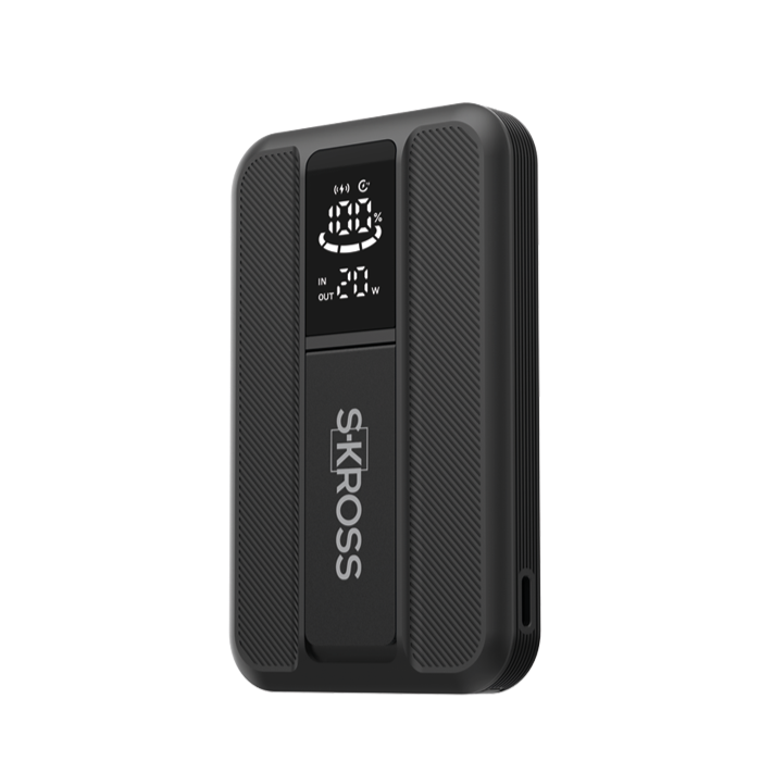 Black SKROSS portable charger with small digital display, shown front view on white background