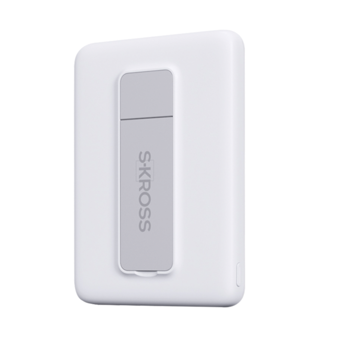 White SKROSS travel adapter or plug adapter on a plain background