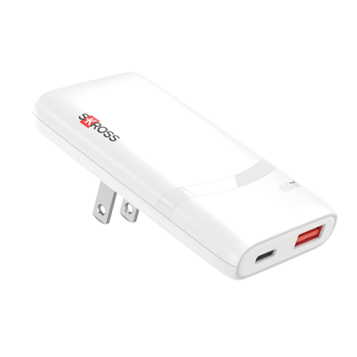 White wall charger with foldable prongs, USB-A port, and USB-C port on a white background