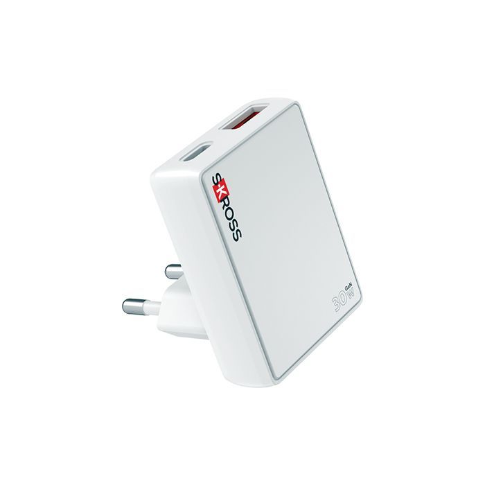 White wall charger adapter with two round prongs and USB ports on a white background