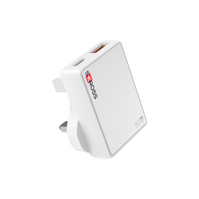 White and red Gosolar plug-in device with folding outlet prongs on a plain background