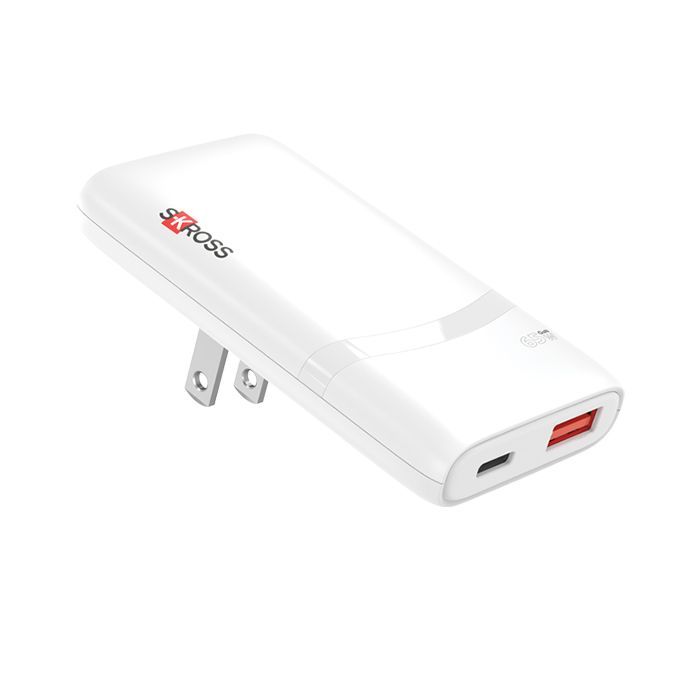 White USB wall charger with foldable prongs and a red USB port on a white background