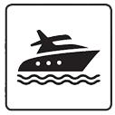 A black and white icon of a boat in the water.