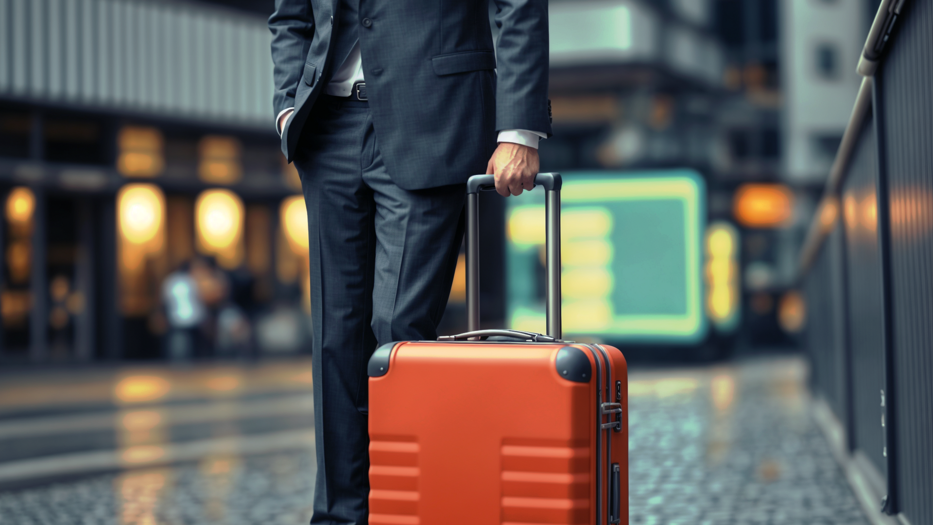 A man in a suit is carrying an orange suitcase.