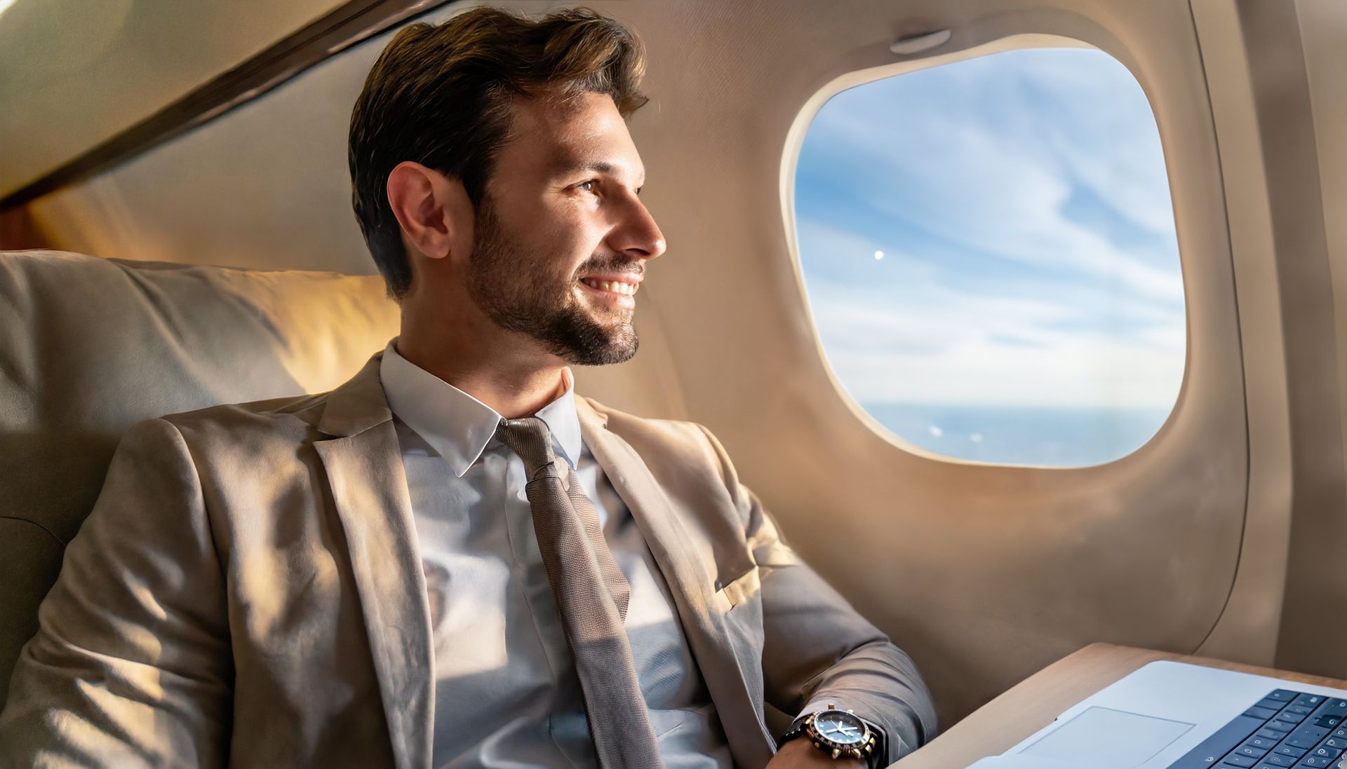 A man in a suit and tie is sitting on an airplane with a laptop.