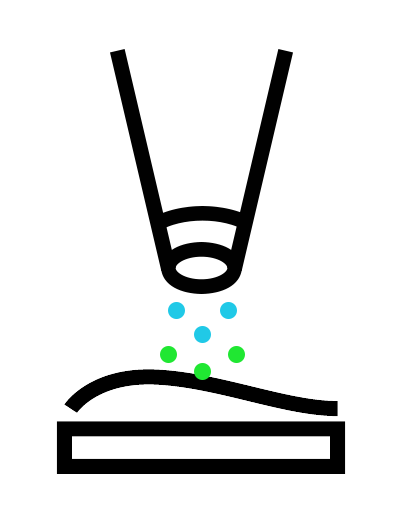 A black and white icon of a digital printer with colourful dots