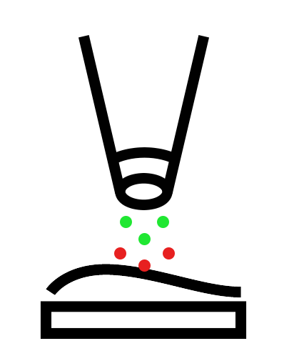 A black and white icon of a digital printer with colourful dots