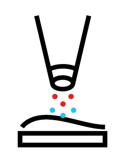 A black and white icon of a digital printer with colourful dots