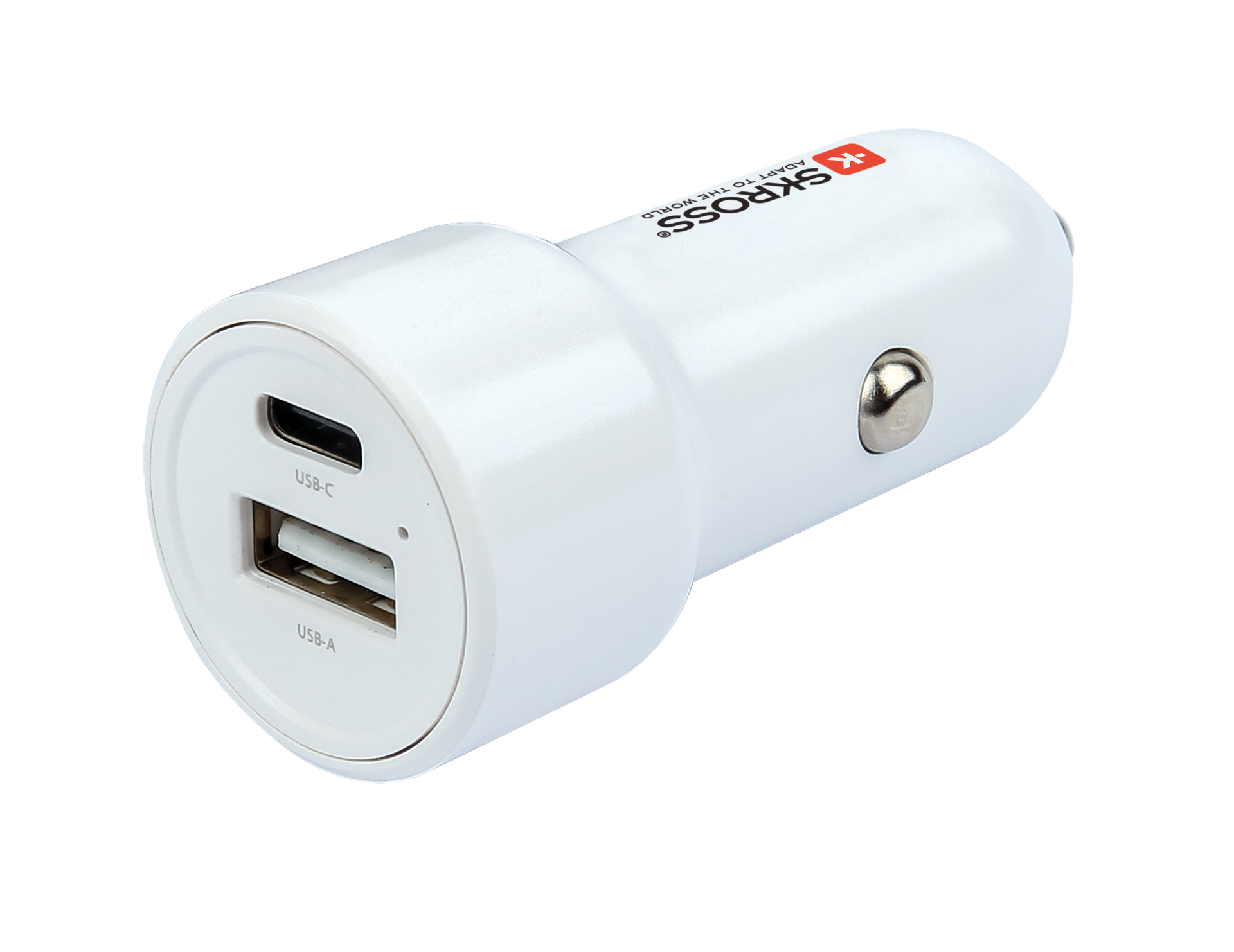 A white car charger with two usb ports on a white background.