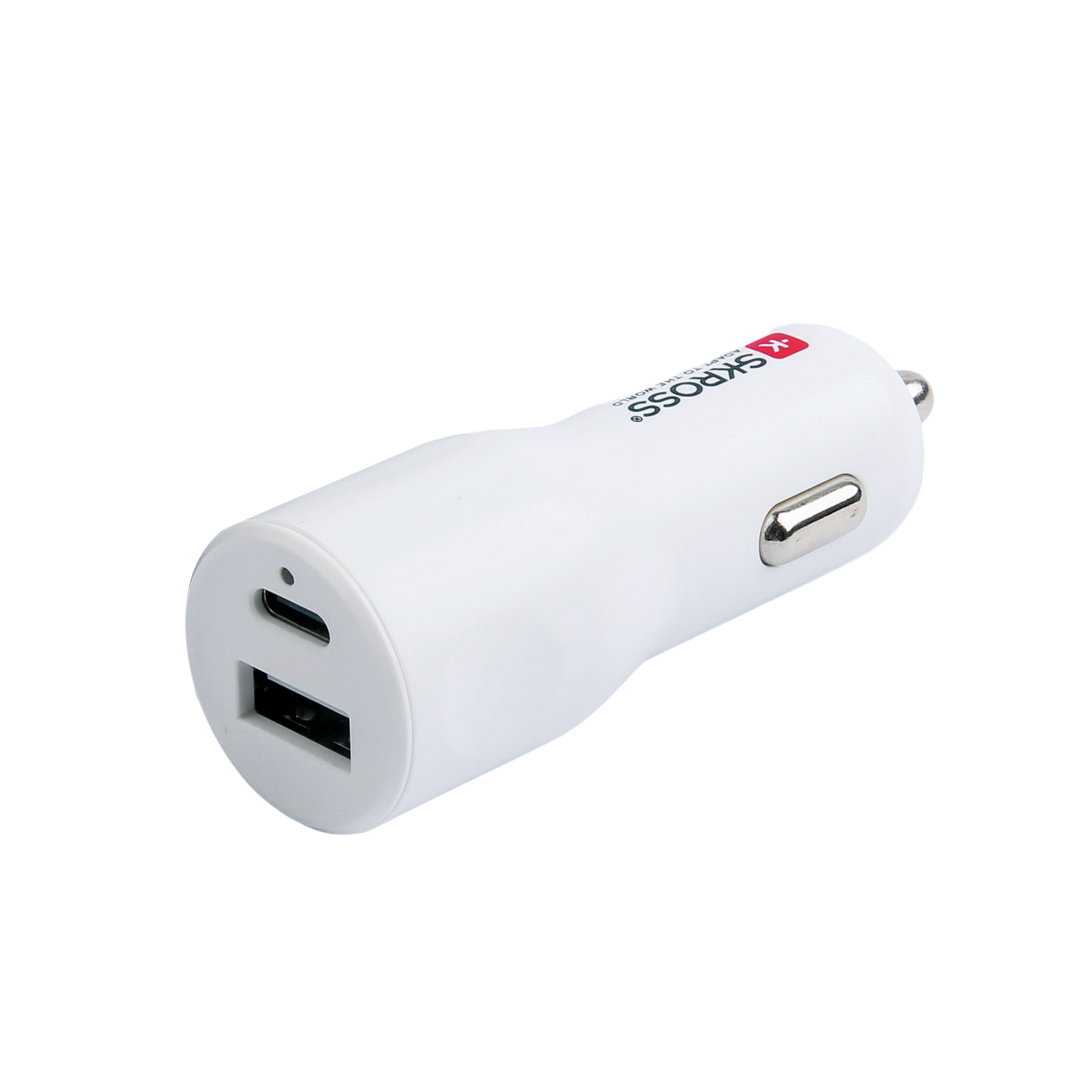 A white car charger with two usb ports on it