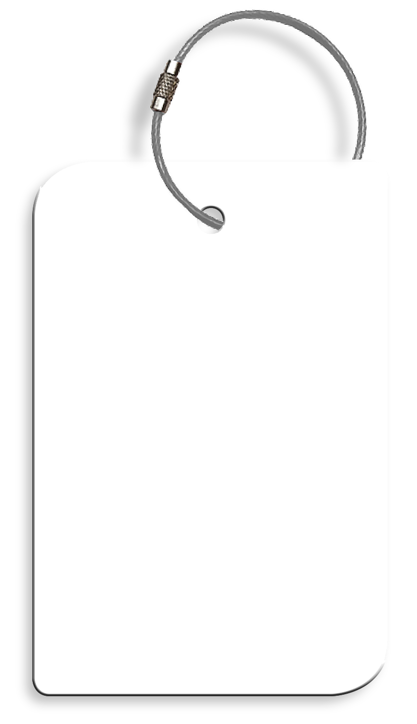 A white tag with a metal hook on a white background.