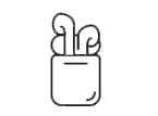 A black and white drawing of a pair of ear buds in a case.