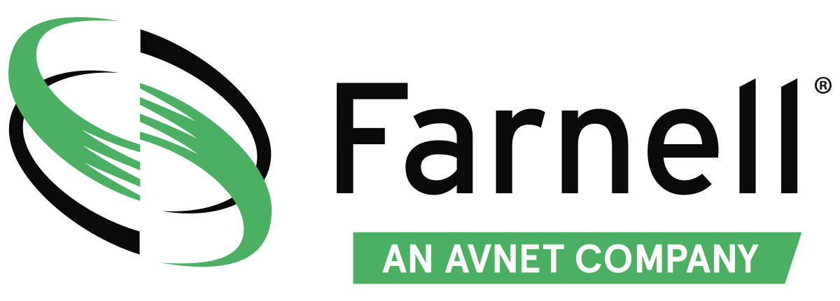 Farnell logo with green and black swoosh icon and “AN AVNET COMPANY” tagline