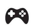 A black and white icon of a video game controller on a white background.