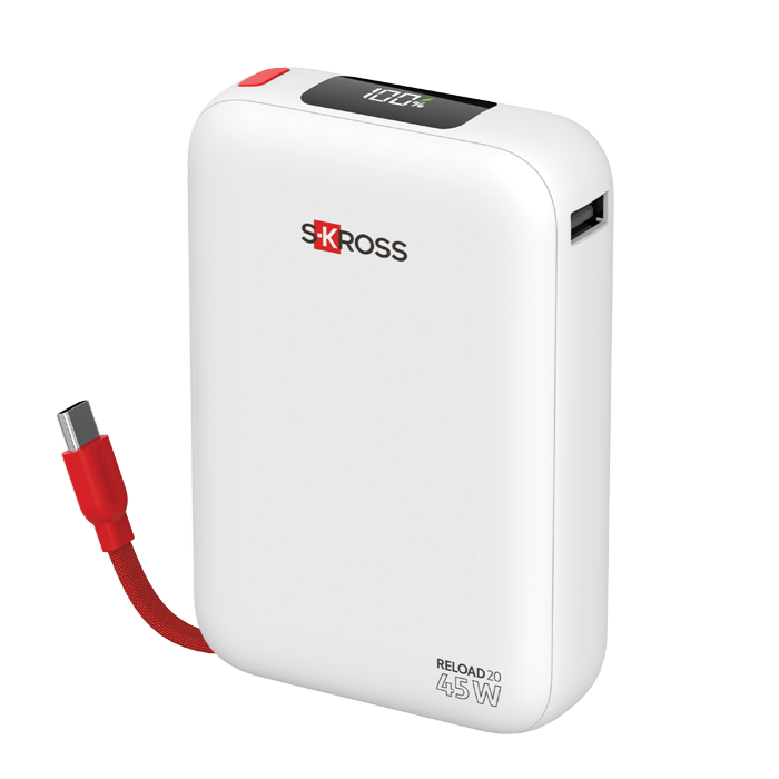 White SKROSS power bank with red USB-C cable attached, shown on a white background
