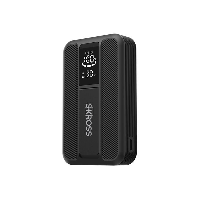 Black SKROSS portable speaker with digital display and textured mesh sides